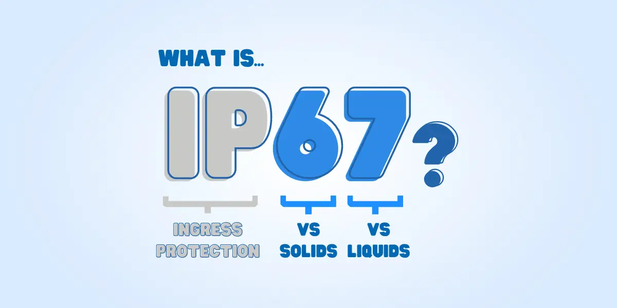 An infographic explaining the IP67 waterproof rating. The image displays the text "WHAT IS... IP67?" in large letters. Below, a breakdown shows that "IP" stands for "Ingress Protection," the number "6" represents the rating versus solids, and the number "7" represents the rating versus liquids.